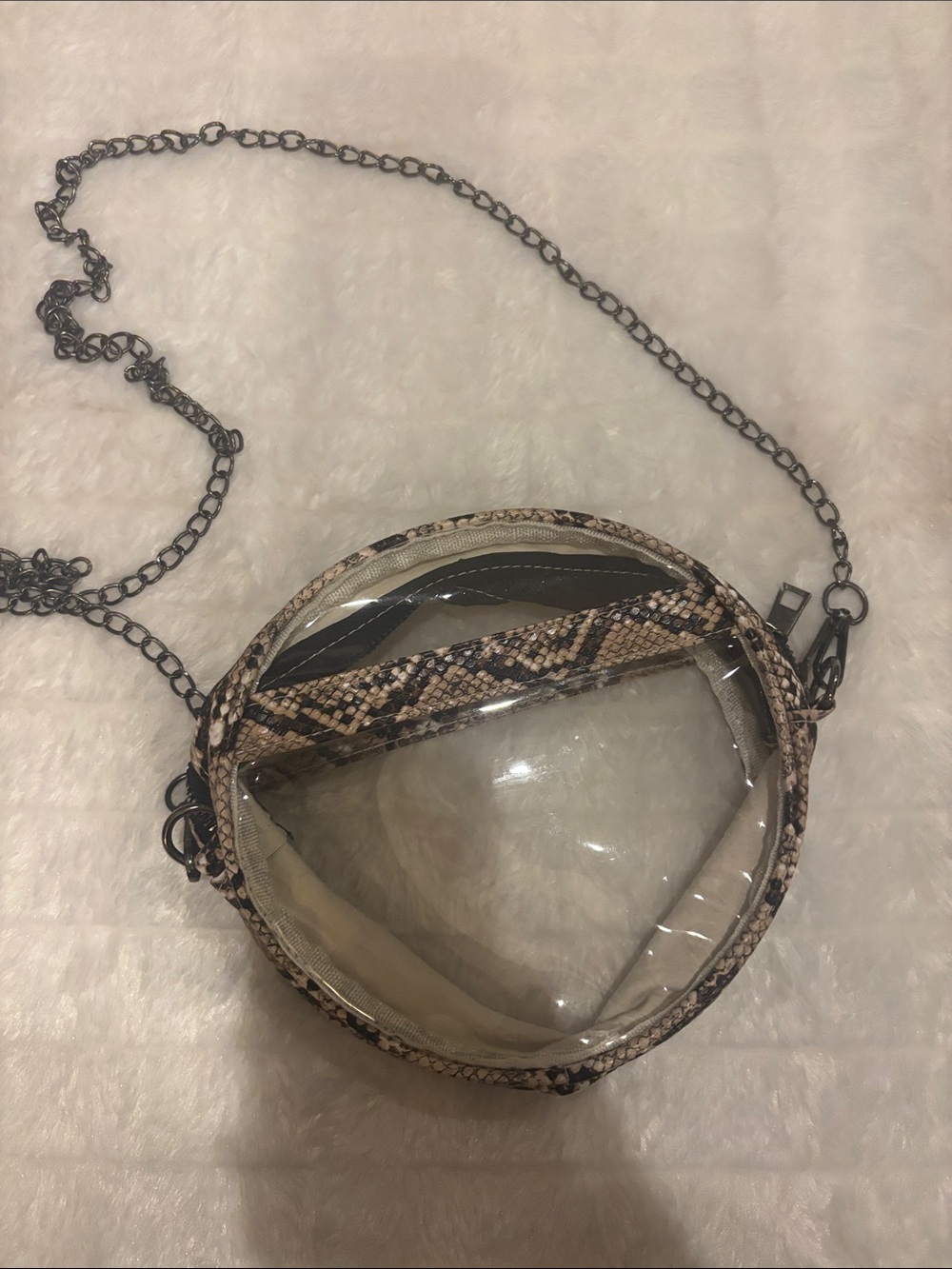 Clear Round Crossbody Bag with Snake Print Trim